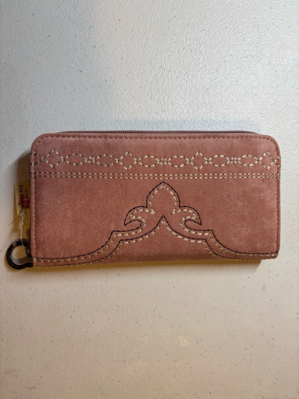 Montana West Dusty Rose Suede Zip Wallet with Decorative Stitching